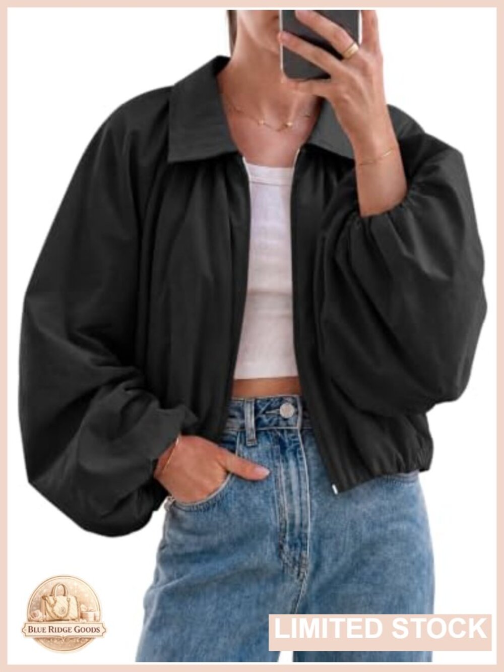 Oversized Bomber Jacket Balloon Sleeve Zip Up Cropped Casual Outerwear